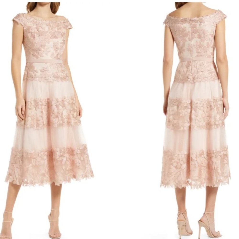 Tadashi Shoji Adriane Floral Embroidered Tea-Length Off-the-Shoulder Dress - 10
